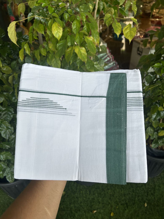 20% Discount ! Kaitharikada Balaramapuram 100% Cotton Pure White Double Mundu/Dothi - 100x80 - 1 inch Green Stripes Jacquard Design Kara 3.80 mtr (8 muzham) - 6 KK5334 THI