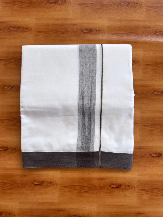 Double Pure White Mundu/Dhoti - 20% Discount !! KaithariKada Balaramapuram 100% Cotton - 100x80 - 1.5 inch Chocolate Brown & Black Silver Chutty Kara 3.80 mtr (8 muzham) - 9 KK5501 VAS