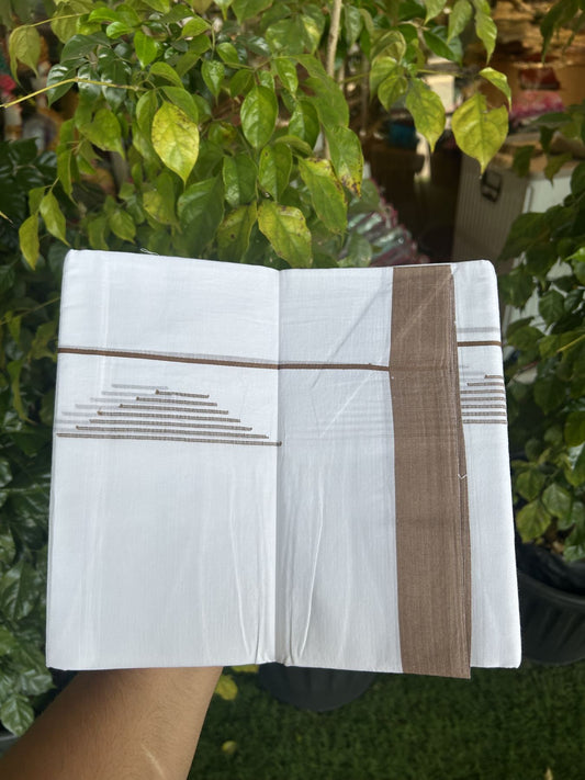 20% Discount ! Kaitharikada Balaramapuram 100% Cotton Pure White Double Mundu/Dothi - 100x80 - 1 inch Brown Stripes Jacquard Design Kara 3.80 mtr (8 muzham) - 9 KK5334 THI