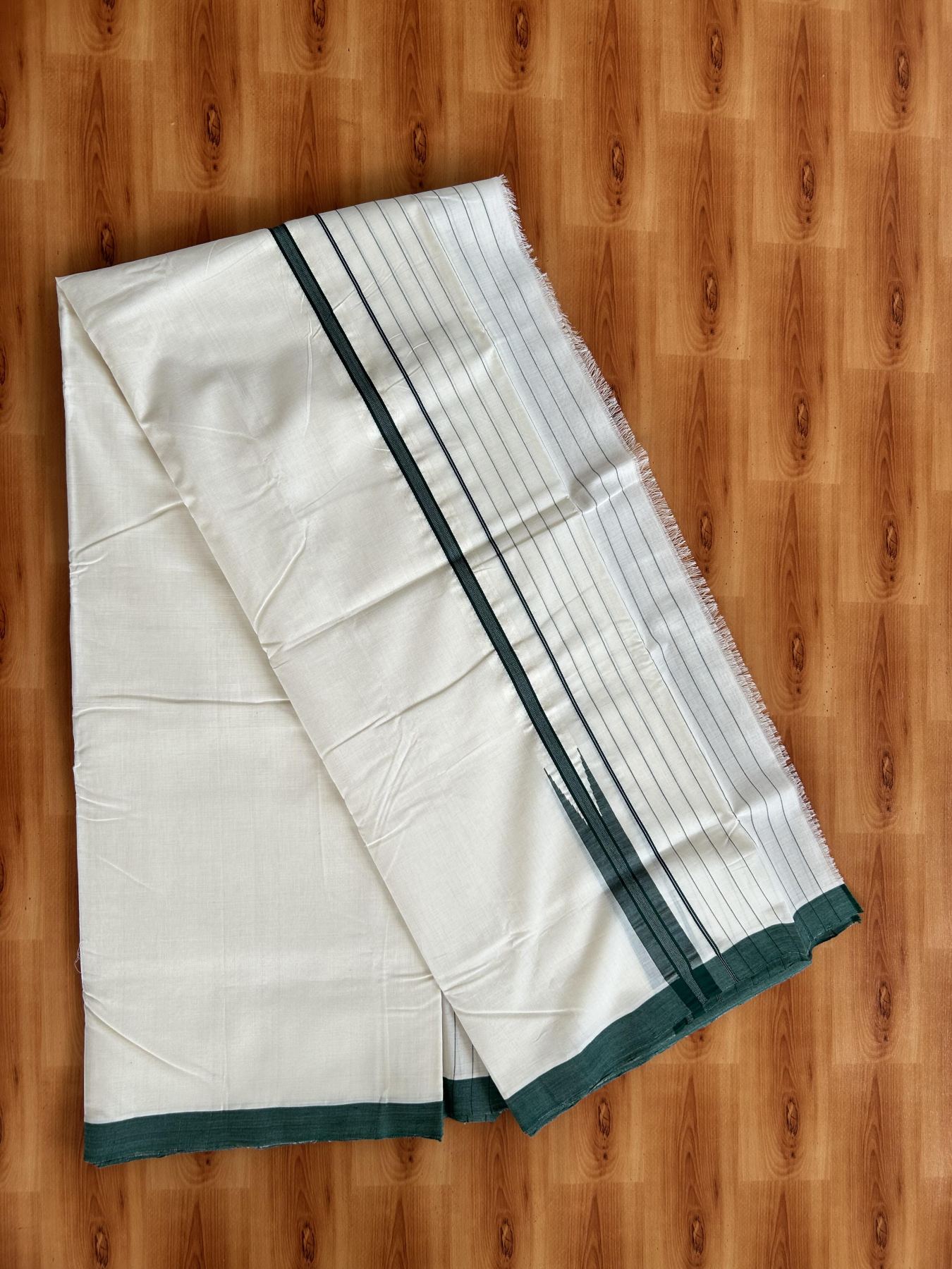Double Off White (Unbleached) Mundu/Dhoti - 25% Discount!! KaithariKada Handloom Unakkupaav - Kerala Handloom - 100% Pure Cotton - 100x80 - 6.25 inch Dark Green Striped Chutty Kara 4 meter (8.5 muzham) - 19 KK5436 REA