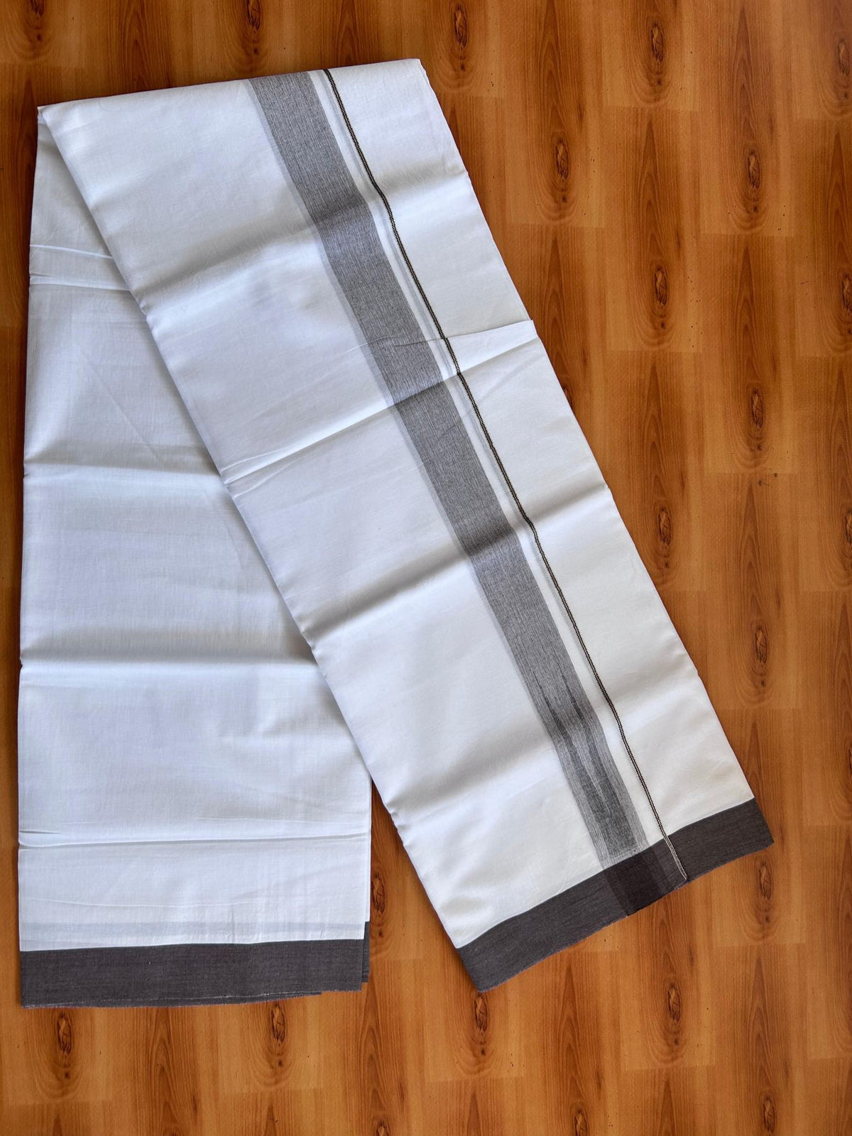 Double Pure White Mundu/Dhoti - 20% Discount !! KaithariKada Balaramapuram 100% Cotton - 100x80 - 1.5 inch Chocolate Brown & Black Silver Chutty Kara 3.80 mtr (8 muzham) - 9 KK5501 VAS