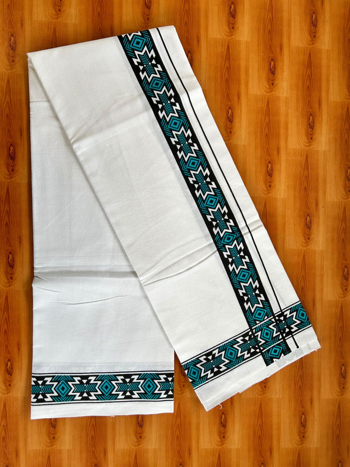 Single White Kerala Mund Polyster Mixed Cotton - (20s) - Kaily / Lungi - 2 inch Cyan Blue Printed Kara (2 meter / 4 muzham) - 3 KK8070 GAN