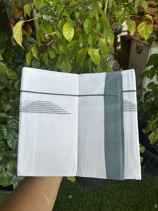 20% Discount ! Kaitharikada Balaramapuram 100% Cotton Pure White Double Mundu/Dothi - 100x80 - 1 inch Ash Blue Stripes Jacquard Design Kara 3.80 mtr (8 muzham) - 8 KK5334 THI