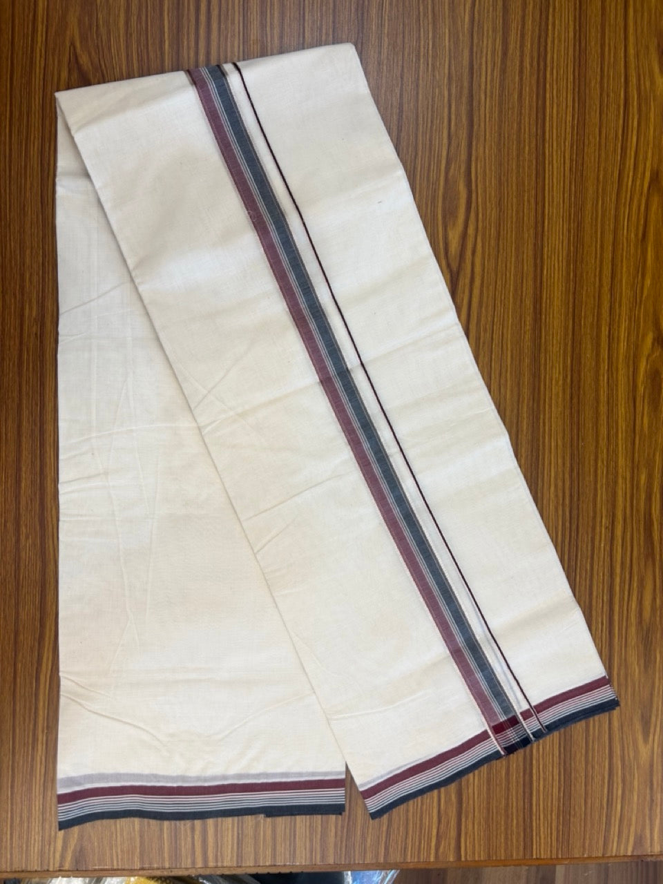 ADMK VESHTI - 20% DISCOUNT! KaithariKada 100% Cotton off white Double - (Unbleached) Mundu/Dhoti - 100X100 - 1.25 inch inch Silver Kasav Black Maroon & White Striped kara - 10 KK5293 ASH