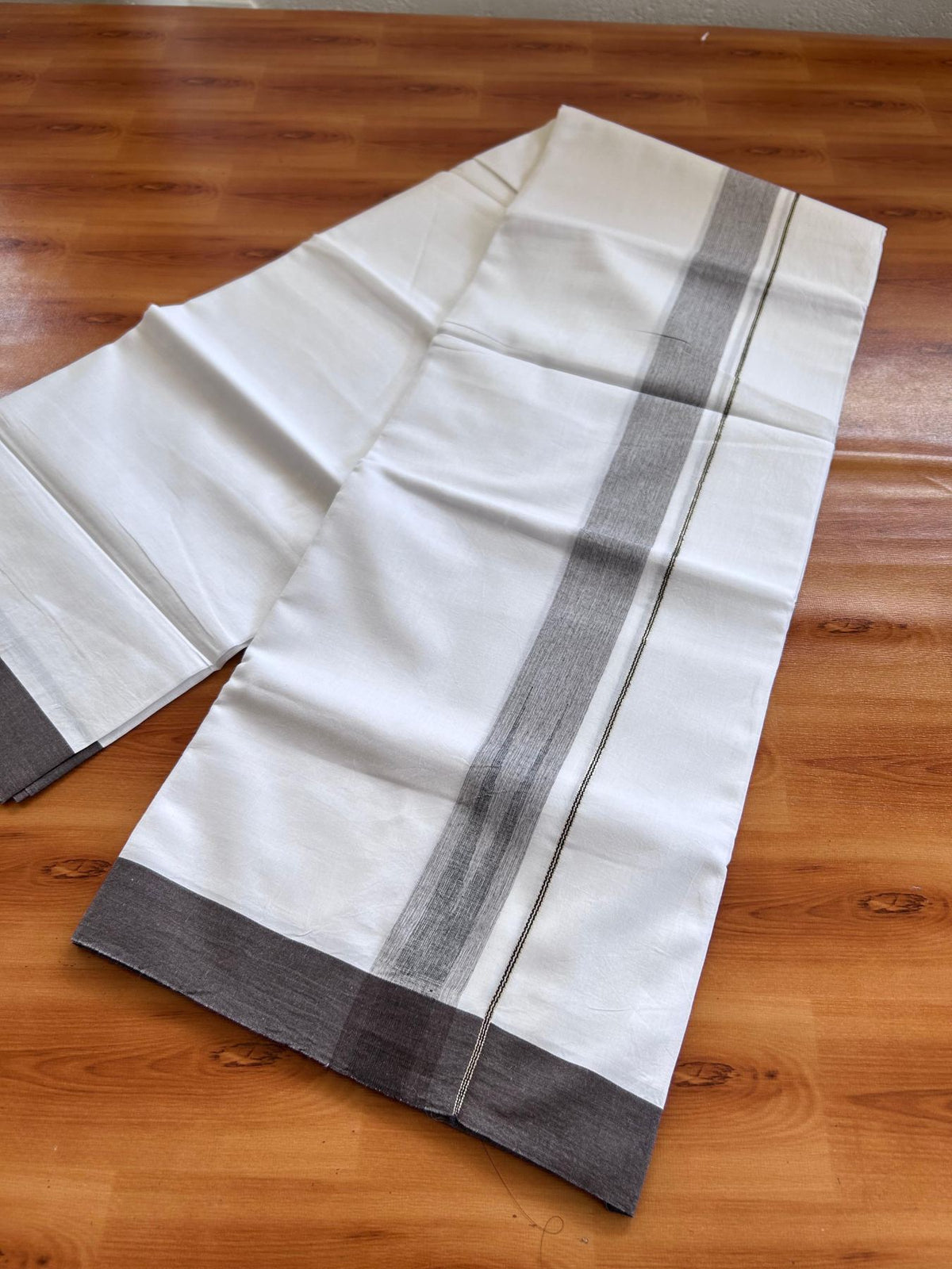 Double Pure White Mundu/Dhoti - 20% Discount !! KaithariKada Balaramapuram 100% Cotton - 100x80 - 1.5 inch Chocolate Brown & Black Silver Chutty Kara 3.80 mtr (8 muzham) - 9 KK5501 VAS