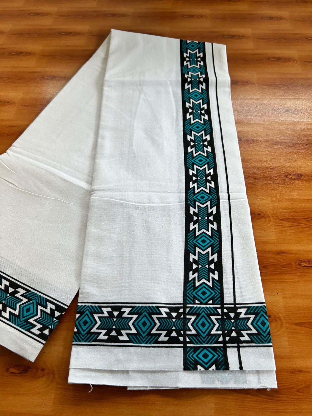 Single White Kerala Mund Polyster Mixed Cotton - (20s) - Kaily / Lungi - 2 inch Cyan Blue Printed Kara (2 meter / 4 muzham) - 3 KK8070 GAN