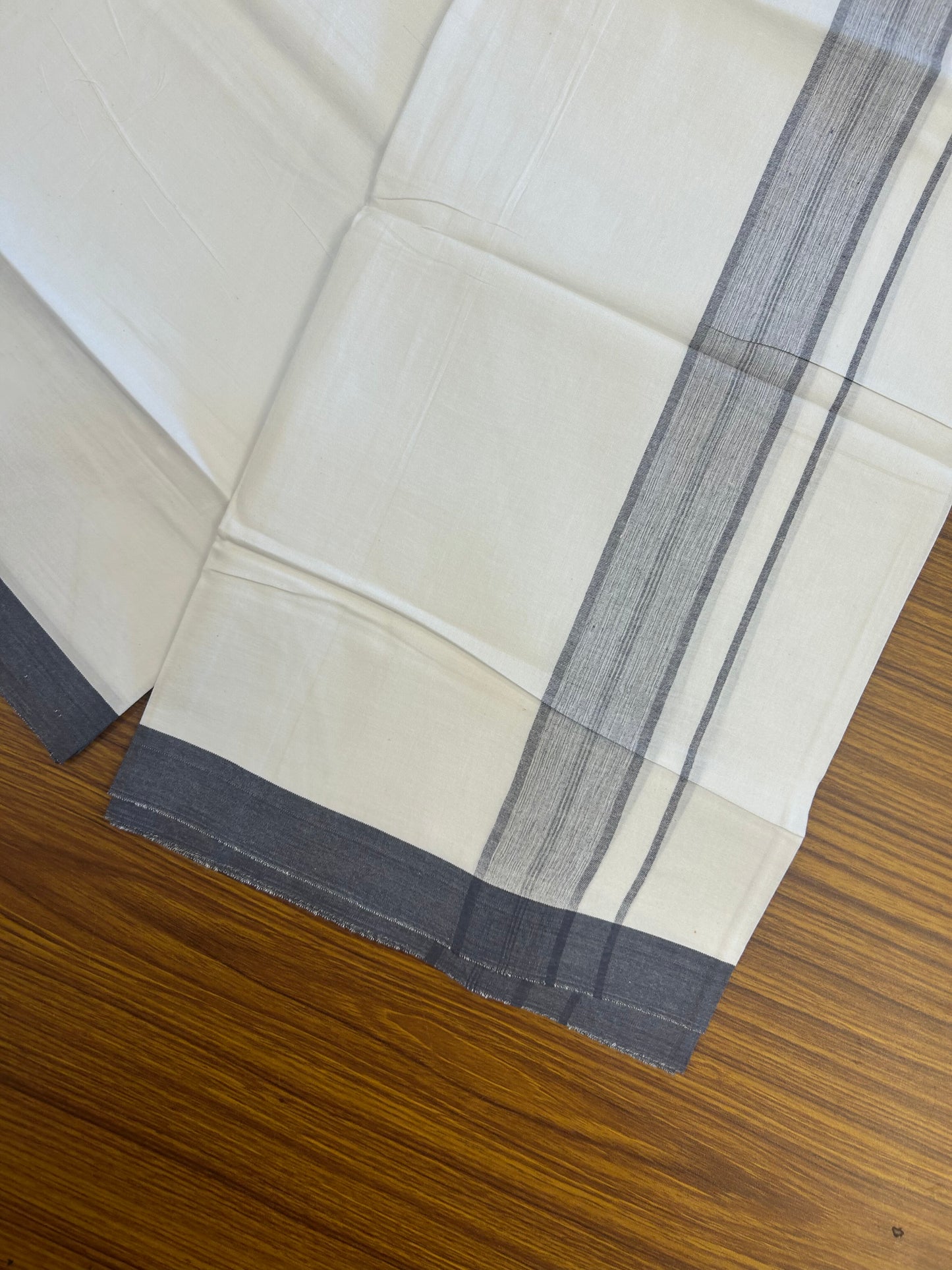 KaithariKada Balaramapuram 100% Cotton Single Pure White Mundu/Dhoti - (40s) - 1.5 inch Blue Ash Shaded Stripes kara 2 mtr (4 muzham) - 56 KK5359 THI