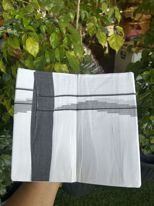 20% Discount ! Kaitharikada Balaramapuram 100% Cotton Pure White Double Mundu/Dothi - 100x80 - 0.75 inch Black Striped Jacquard Design Kara 3.80 mtr (8 muzham) - 16 KK5334 THI