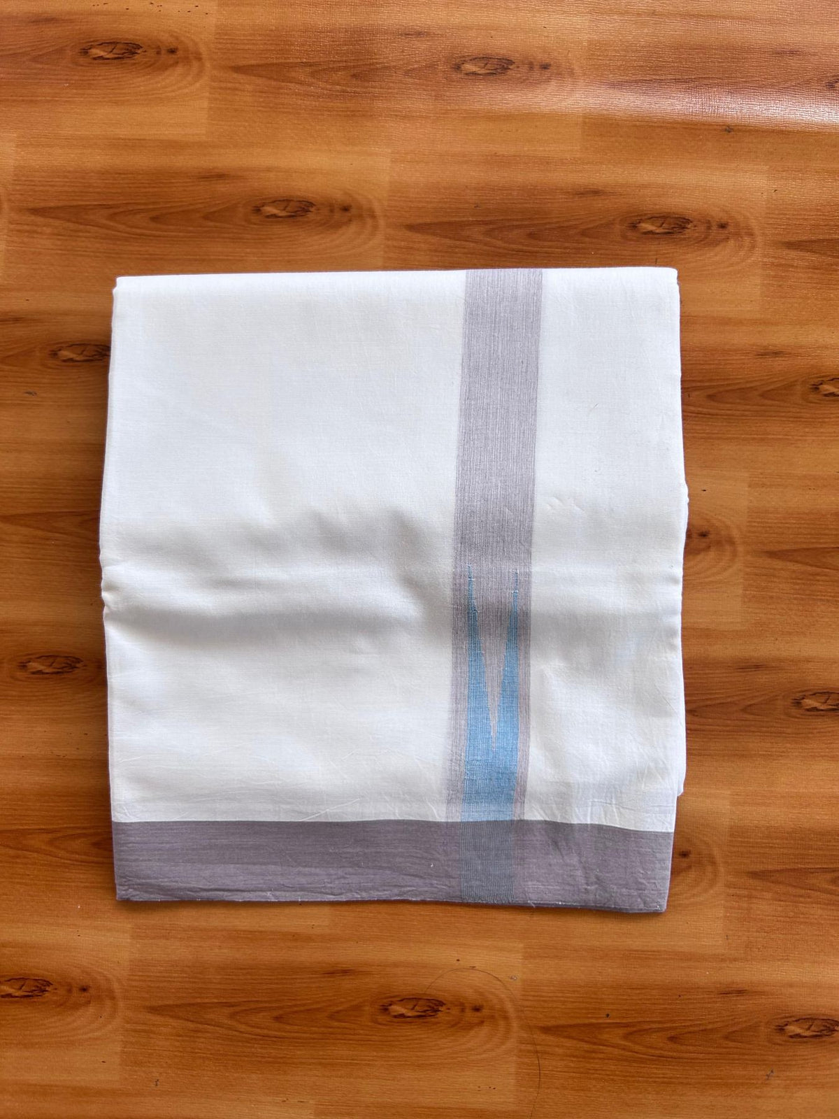 Double Pure White Mundu/Dhoti - 20% Discount !! KaithariKada Balaramapuram 100% Cotton - 100x80 - 1.5 inch Light Ash Purple & Blue Chutty Kara 3.80 mtr (8 muzham) - 14 KK5501 VAS