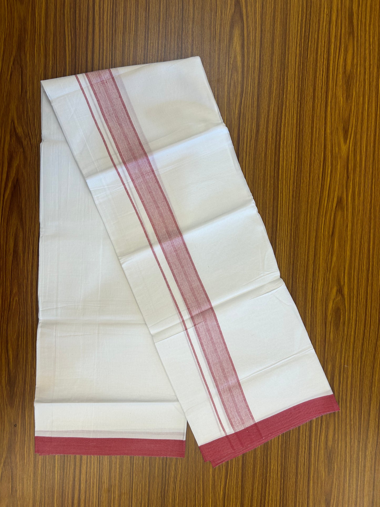 KaithariKada Balaramapuram 100% Cotton Single Pure White Mundu/Dhoti - (40s) - 1.5 inch Red Shaded Stripes kara 2 mtr (4 muzham) - 52 KK5359 THI