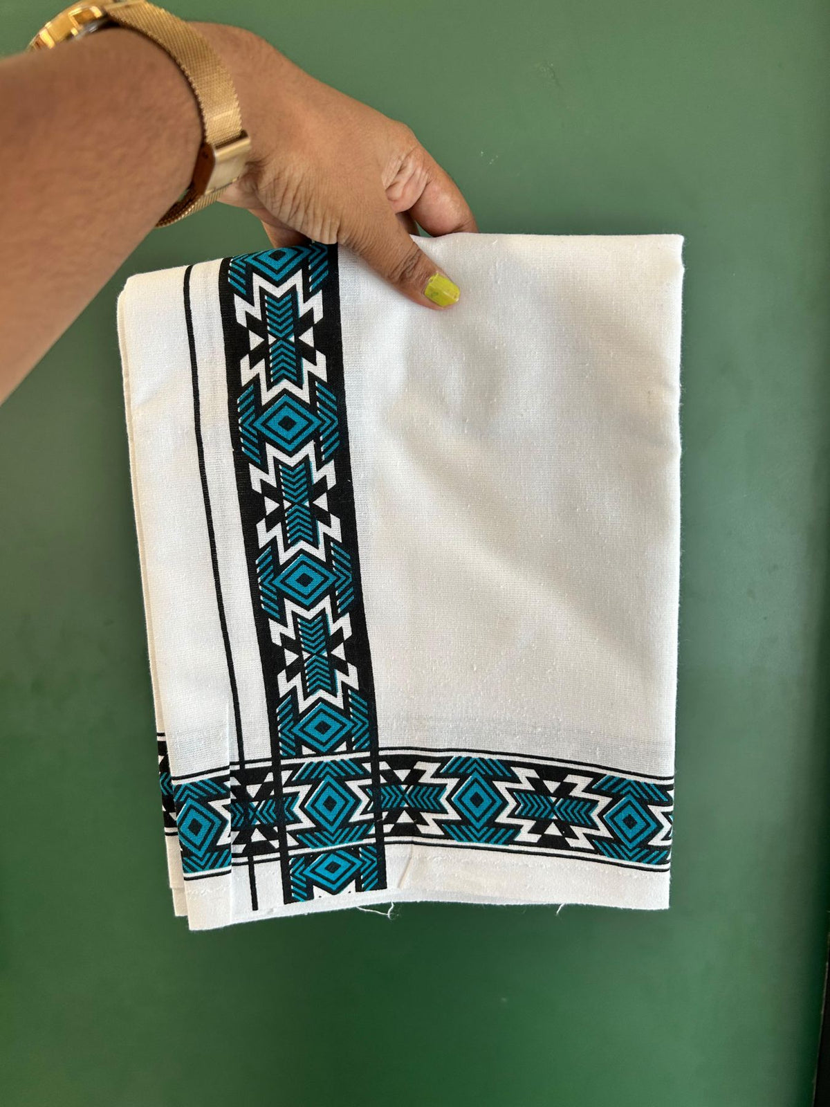 Single White Kerala Mund Polyster Mixed Cotton - (20s) - Kaily / Lungi - 2 inch Cyan Blue Printed Kara (2 meter / 4 muzham) - 3 KK8070 GAN
