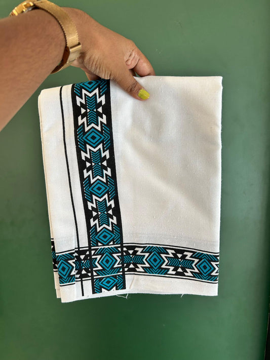Single White Kerala Mund Polyster Mixed Cotton - (20s) - Kaily / Lungi - 2 inch Cyan Blue Printed Kara (2 meter / 4 muzham) - 3 KK8070 GAN