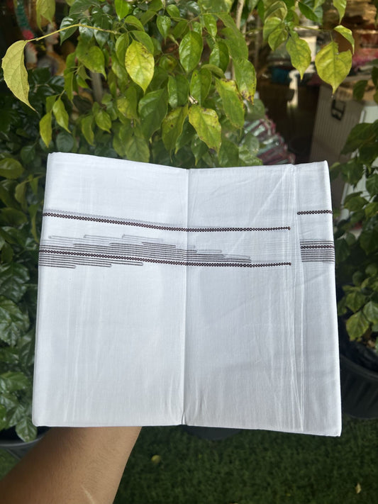 20% Discount ! Kaitharikada Balaramapuram 100% Cotton Pure White Double Mundu/Dothi - 100x80 - 0.75 inch Coffee Brown Stripes Jacquard Design Kara 3.80 mtr (8 muzham) - 10 KK5334 THI