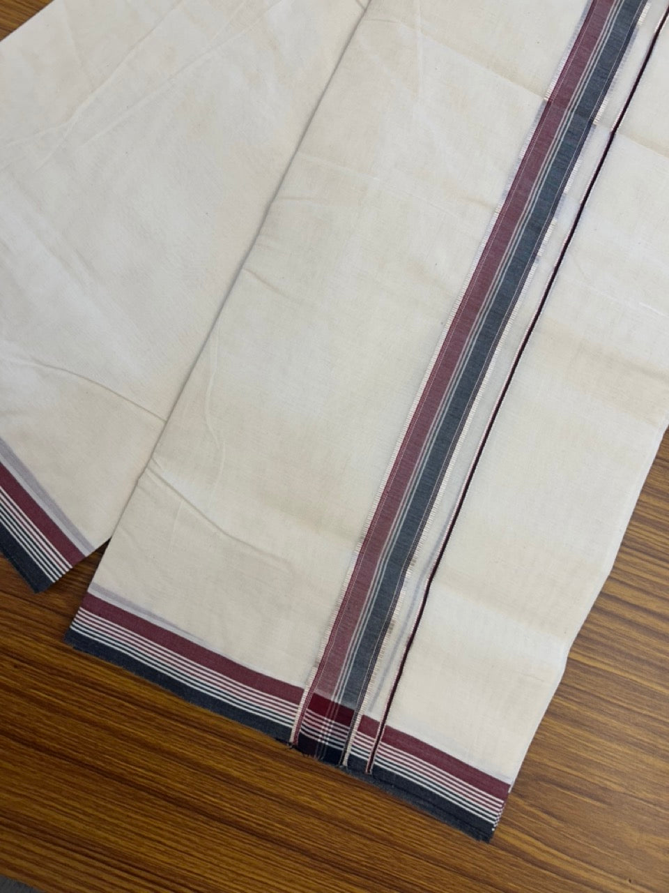 ADMK VESHTI - 20% DISCOUNT! KaithariKada 100% Cotton off white Double - (Unbleached) Mundu/Dhoti - 100X100 - 1.25 inch inch Silver Kasav Black Maroon & White Striped kara - 10 KK5293 ASH