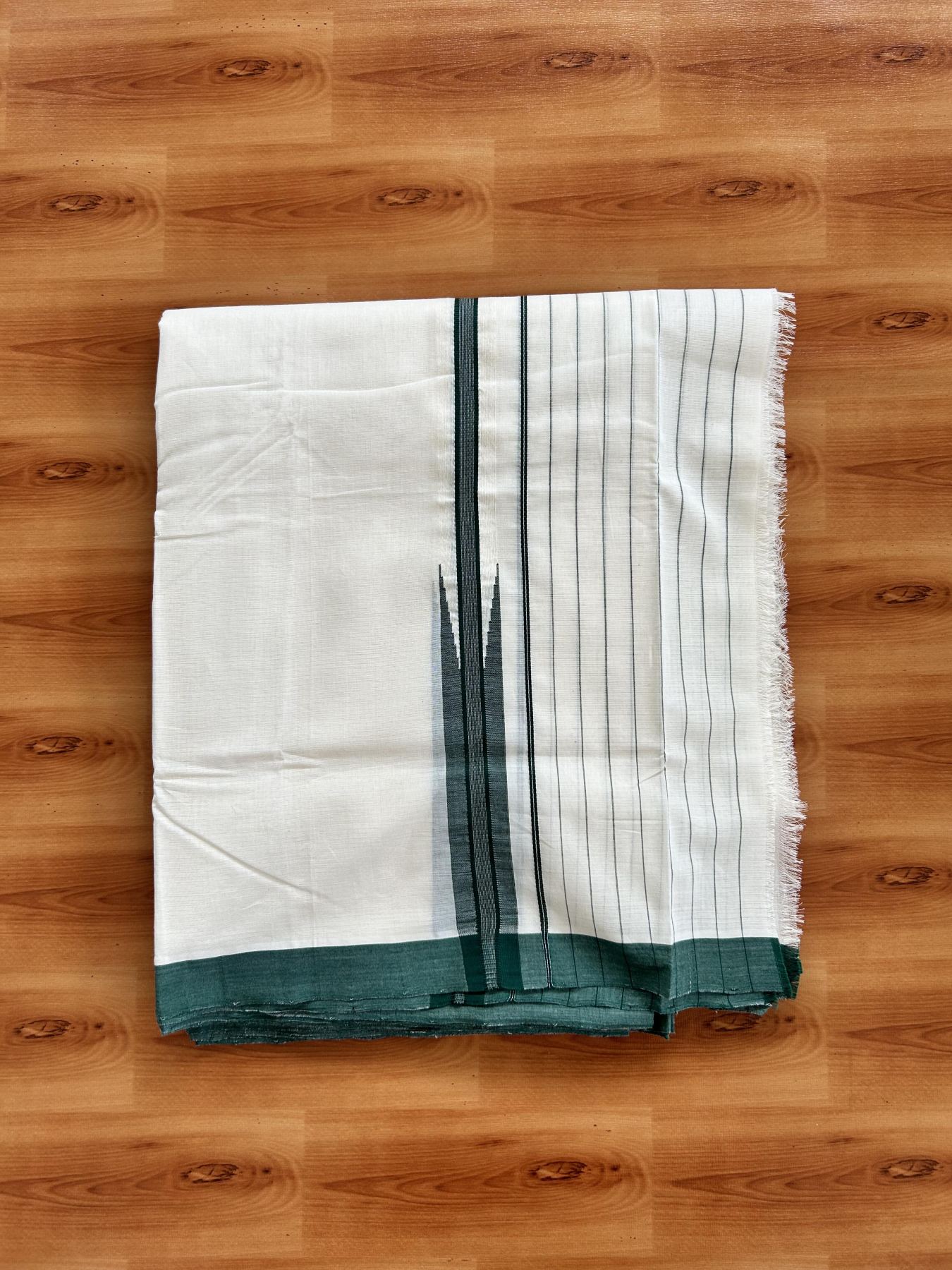 Double Off White (Unbleached) Mundu/Dhoti - 25% Discount!! KaithariKada Handloom Unakkupaav - Kerala Handloom - 100% Pure Cotton - 100x80 - 6.25 inch Dark Green Striped Chutty Kara 4 meter (8.5 muzham) - 19 KK5436 REA
