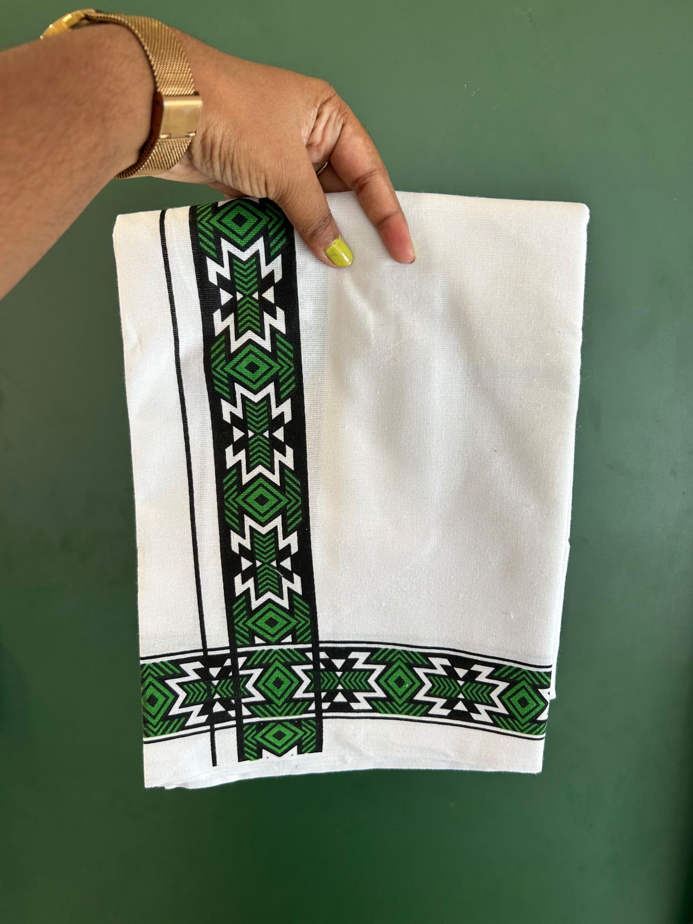 Single White Kerala Mund Polyster Mixed Cotton - (20s) - Kaily / Lungi - 2 inch Light Green Printed Kara (2 meter / 4 muzham) - 19 KK8070 GAN
