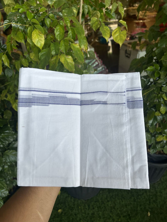 20% Discount ! Kaitharikada Balaramapuram 100% Cotton Pure White Double Mundu/Dothi - 100x80 - 0.75 inch Blue Striped Jacquard Design Kara 3.80 mtr (8 muzham) - 15 KK5334 THI