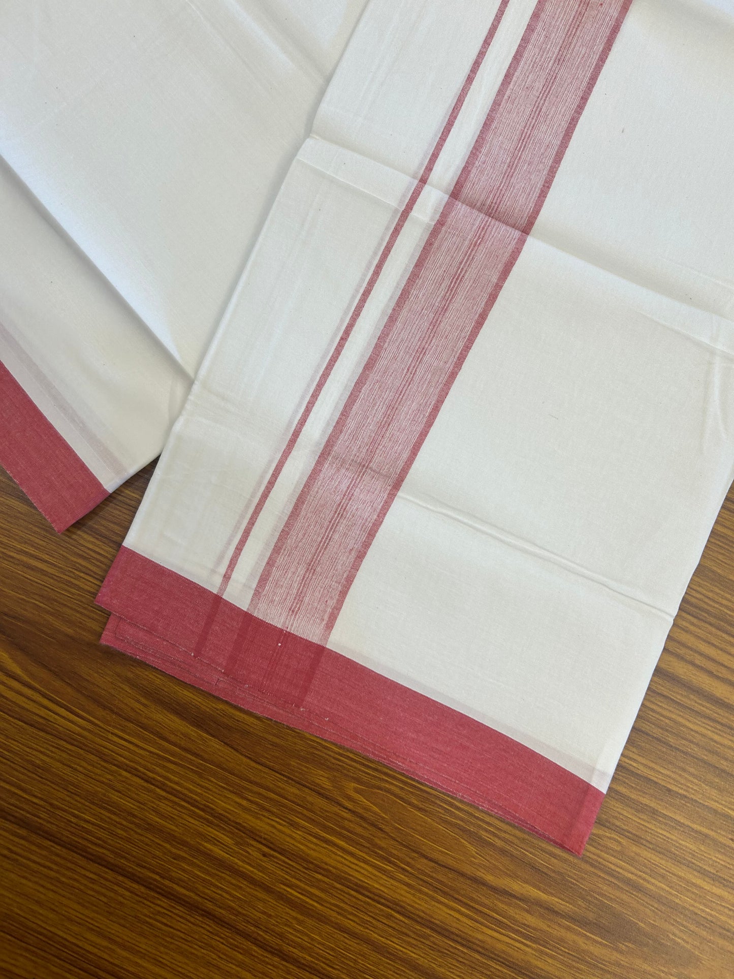 KaithariKada Balaramapuram 100% Cotton Single Pure White Mundu/Dhoti - (40s) - 1.5 inch Red Shaded Stripes kara 2 mtr (4 muzham) - 52 KK5359 THI