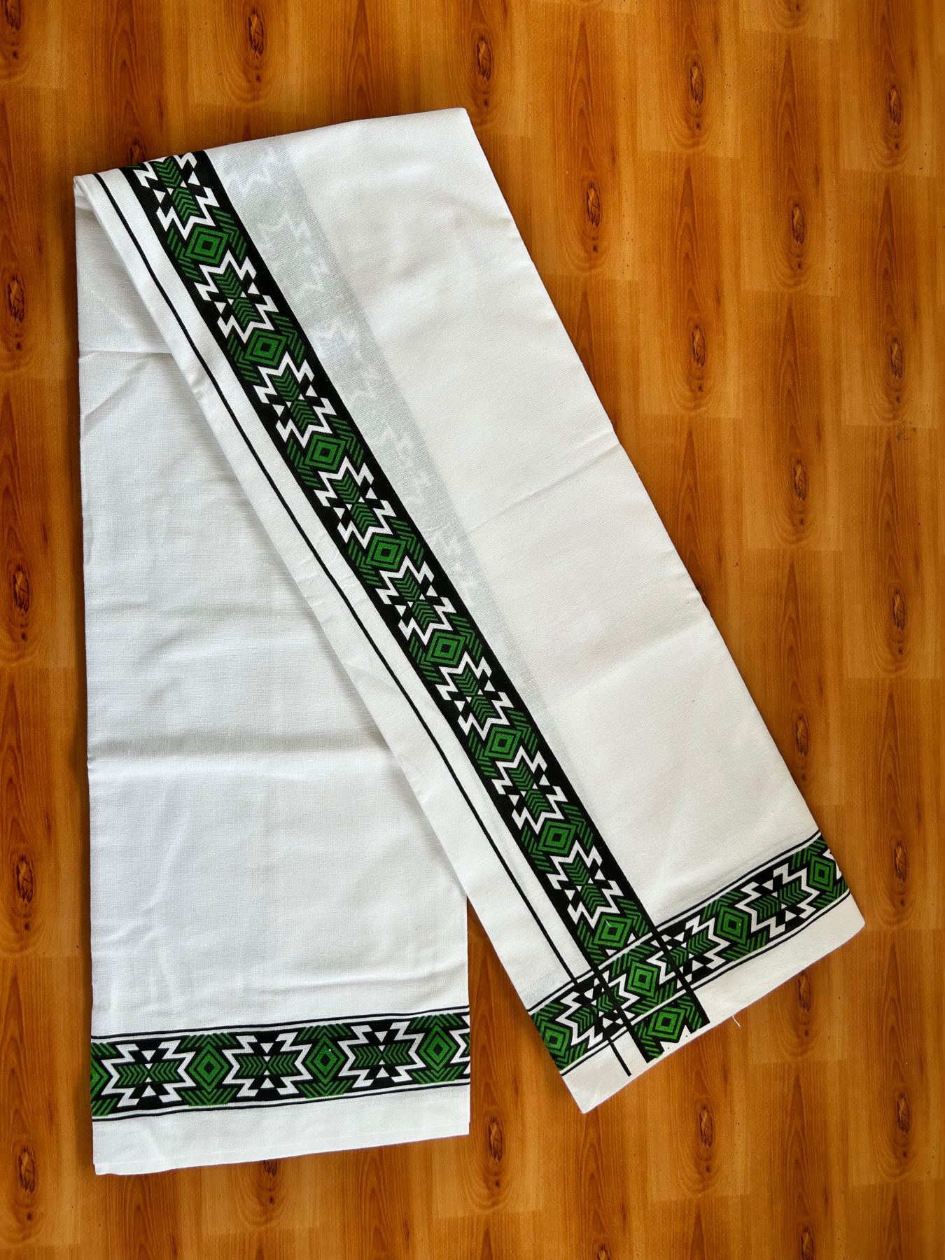 Single White Kerala Mund Polyster Mixed Cotton - (20s) - Kaily / Lungi - 2 inch Light Green Printed Kara (2 meter / 4 muzham) - 19 KK8070 GAN