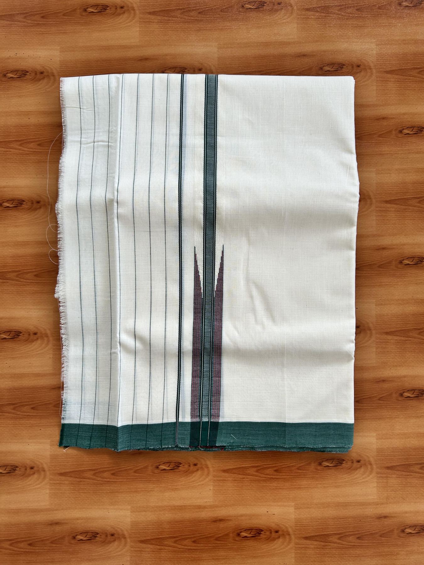 Double Off White (Unbleached) Mundu/Dhoti - 25% Discount!! KaithariKada Handloom Unakkupaav - Kerala Handloom - 100% Pure Cotton - 100x80 - 6.25 inch Dark Green & Red Striped Chutty Kara 4 meter (8.5 muzham) - 20 KK5436 REA