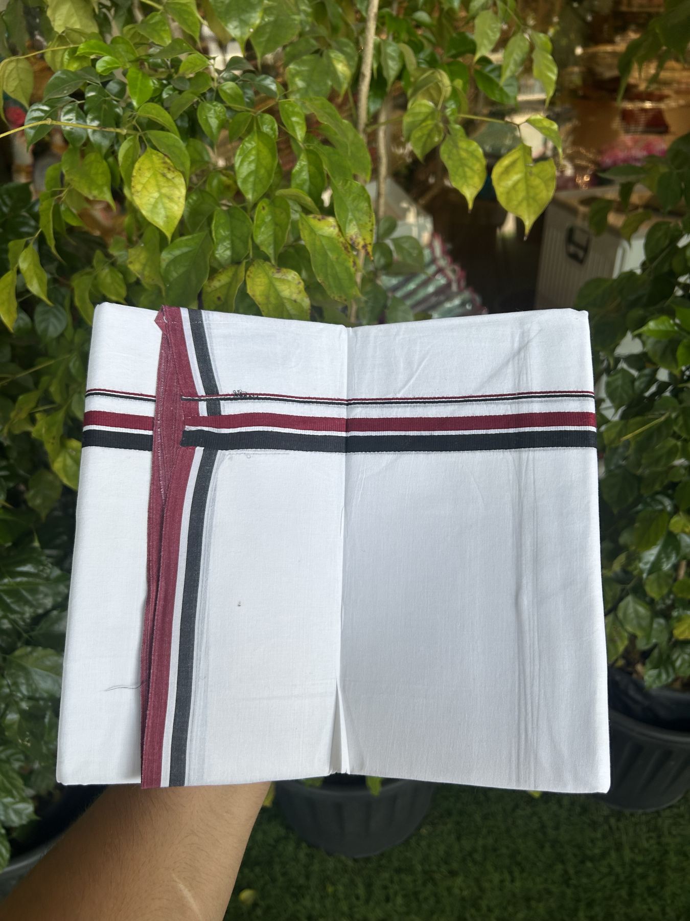 Aiadmk Veshti - 20% Discount! KaithariKada 100% Cotton Pure white Double Mundu/Dhoti - 100X80 - 0.75 inch Black White & Maroon kara - 3.80mtr (8 muzham)- 1 KK5334 THI
