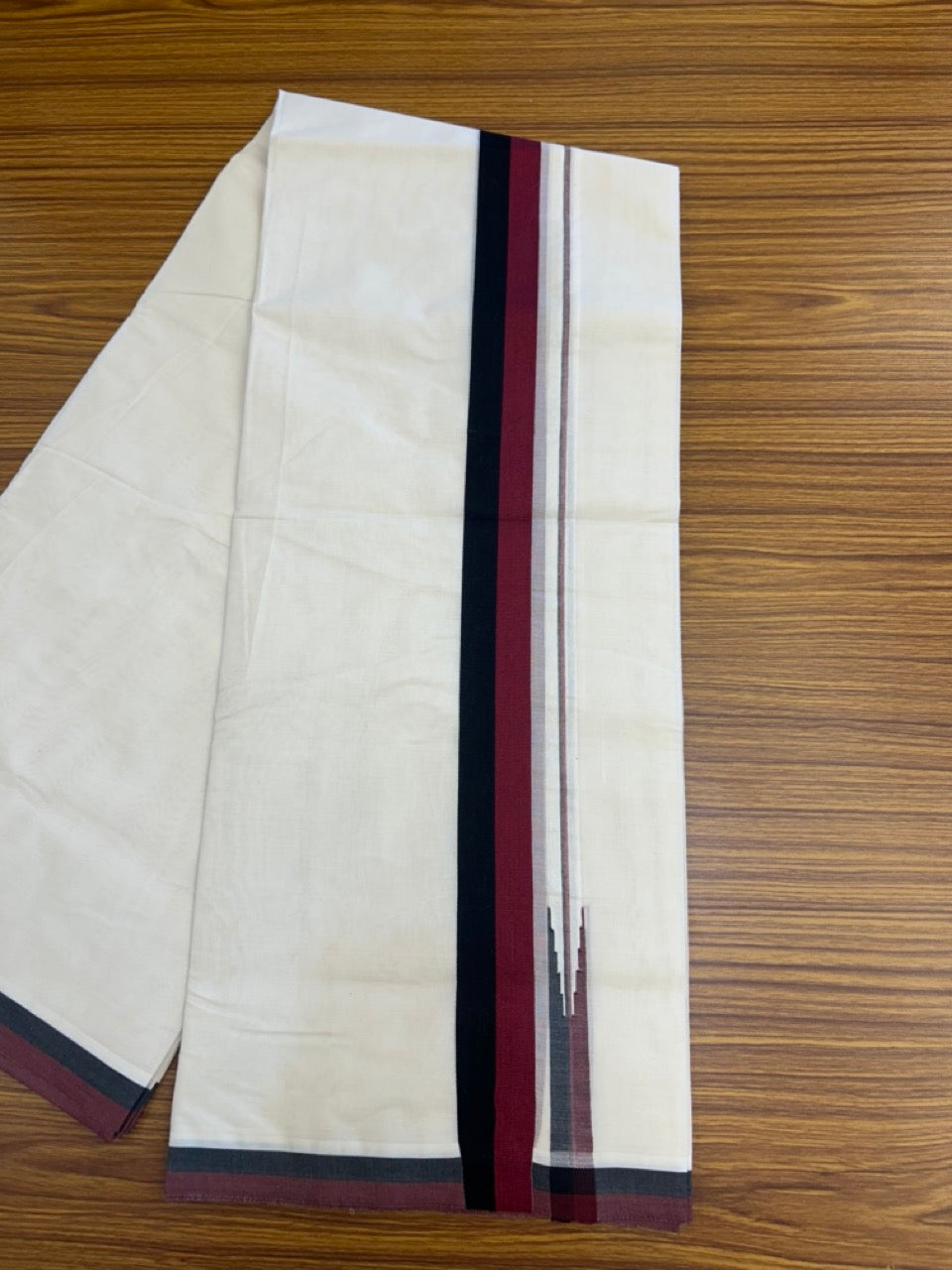 DMK Veshti - 20% DISCOUNT! KaithariKada 100% Cotton off white Double - (Unbleached) Mundu/Dhoti - 100X100 - 1.75 inch Puliyilakkara Black & Maroon Chutty kara - 12 KK5293 ASH
