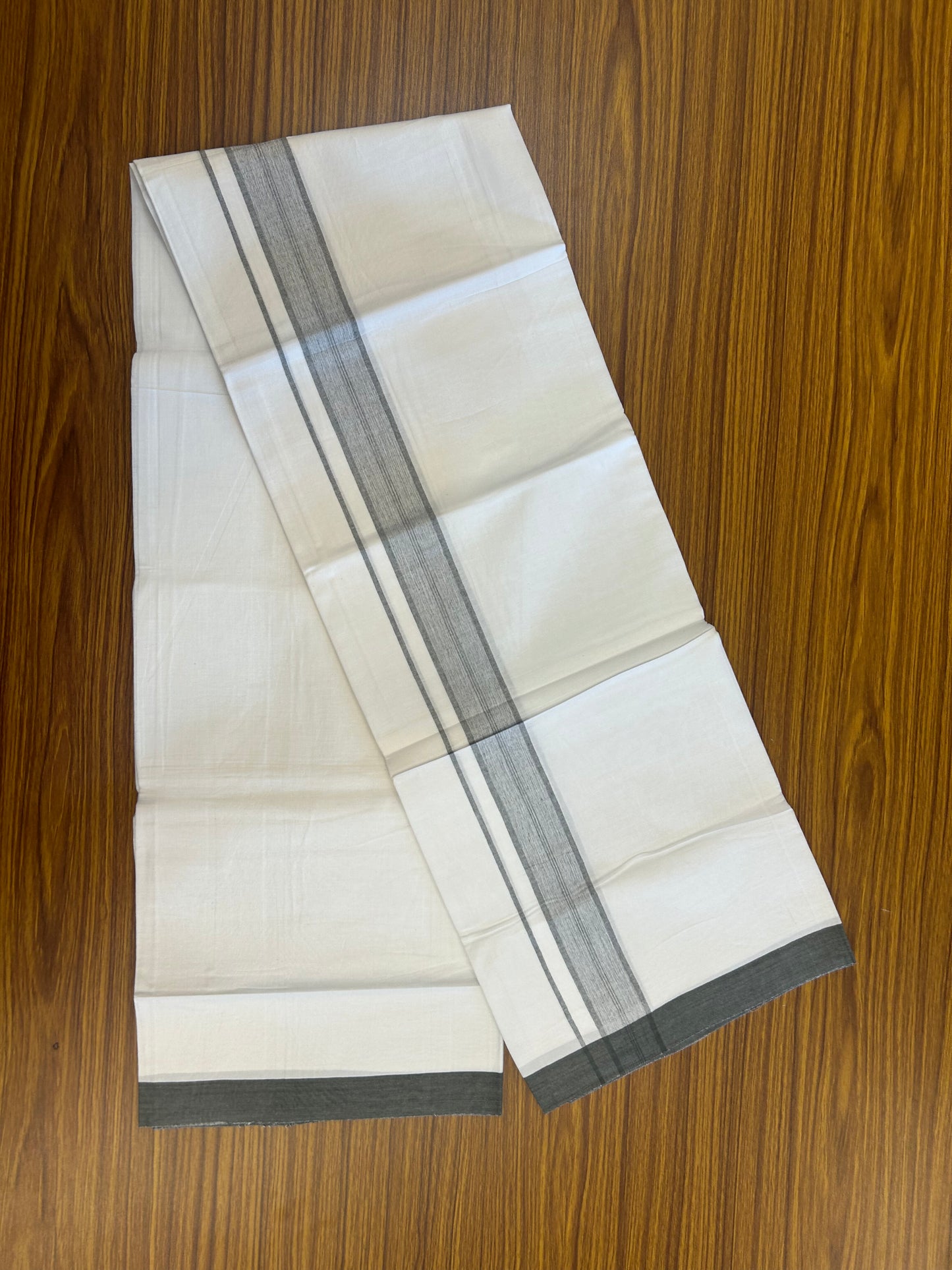 KaithariKada Balaramapuram 100% Cotton Single Pure White Mundu/Dhoti - (40s) - 1.5 inch Black Olive Shaded Stripes kara 2 mtr (4 muzham) - 55 KK5359 THI