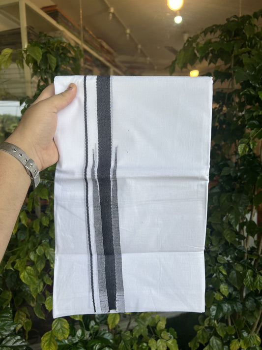 20% Discount ! Kaitharikada Balaramapuram 100% Cotton Pure White Double Mundu/Dothi - 100x80 - 0.75 inch Puliyilakkara Black Striped Jacquard Chutty Kara 3.80 mtr (8 muzham) - 3 KK5334 THI