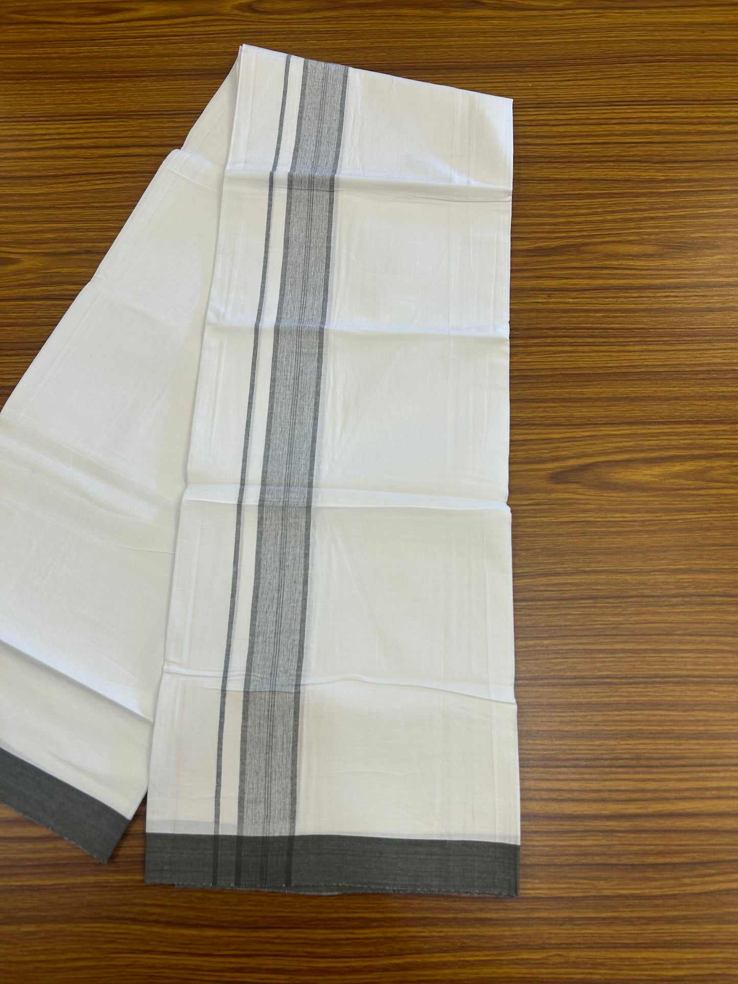 KaithariKada Balaramapuram 100% Cotton Single Pure White Mundu/Dhoti - (40s) - 1.5 inch Black Olive Shaded Stripes kara 2 mtr (4 muzham) - 55 KK5359 THI