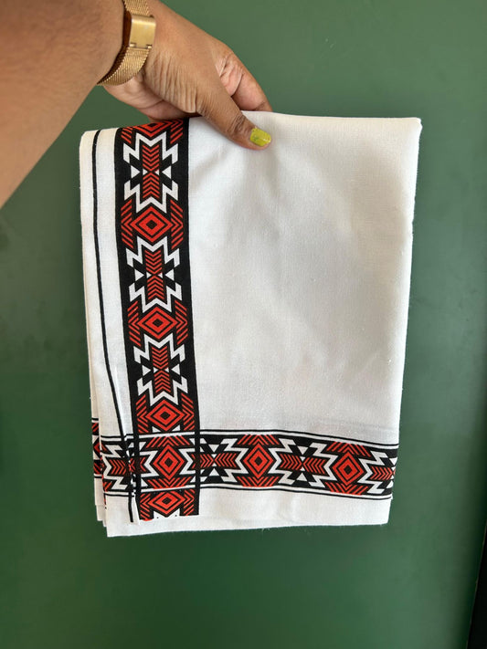 Single White Kerala Mund Polyster Mixed Cotton - (20s) - Kaily / Lungi - 2 inch Brick Red Printed Kara (2 meter / 4 muzham) - 2 KK8070 GAN