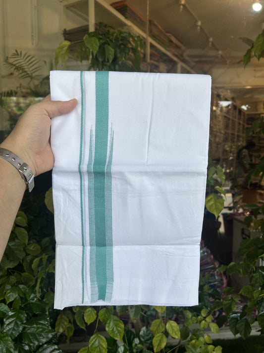 20% Discount ! Kaitharikada Balaramapuram 100% Cotton Pure White Double Mundu/Dothi - 100x80 - 0.75 inch Puliyilakkara Dark Cyan Striped Jacquard Chutty Kara 3.80 mtr (8 muzham) - 5 KK5334 THI