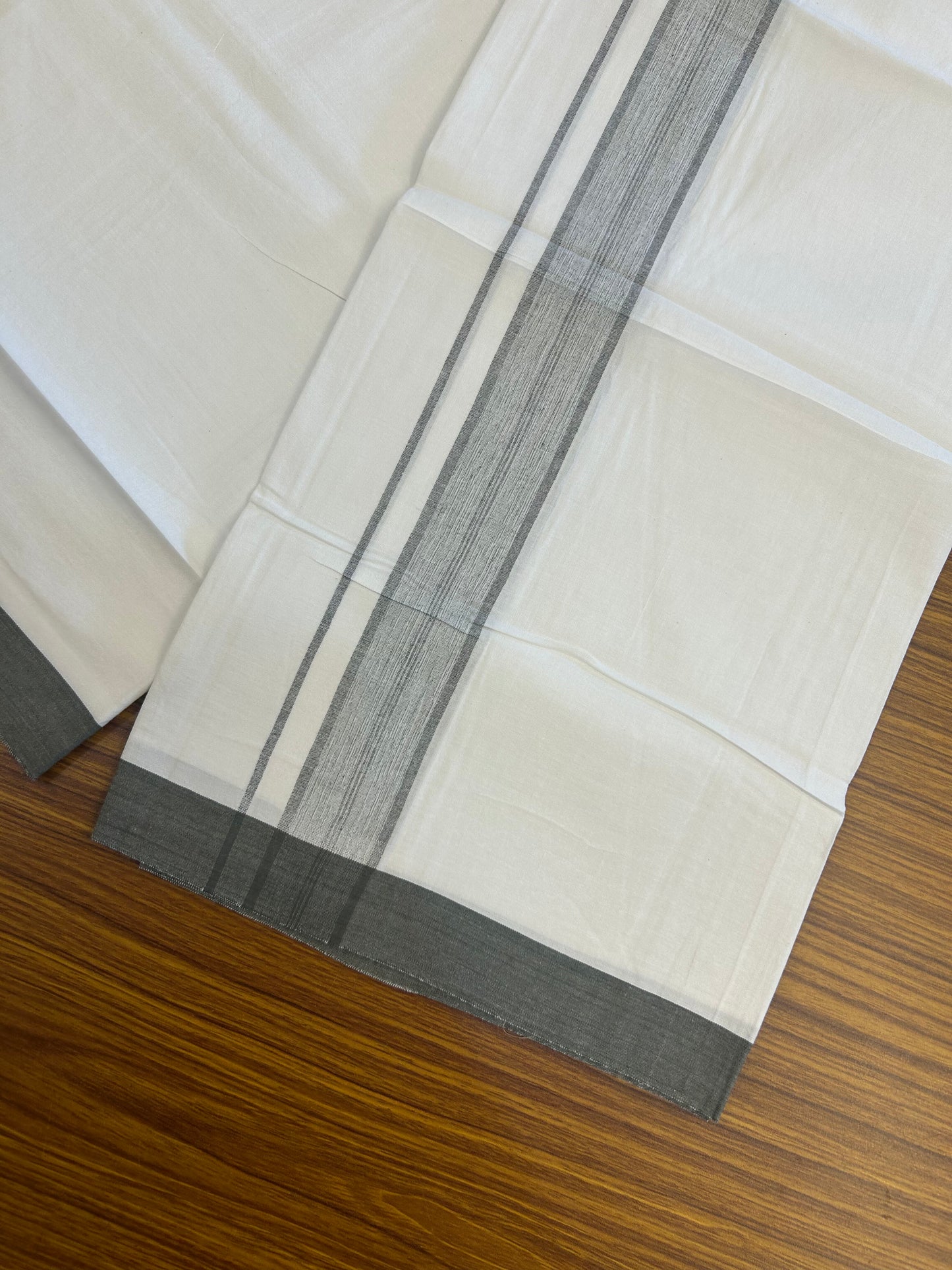 KaithariKada Balaramapuram 100% Cotton Single Pure White Mundu/Dhoti - (40s) - 1.5 inch Black Olive Shaded Stripes kara 2 mtr (4 muzham) - 55 KK5359 THI
