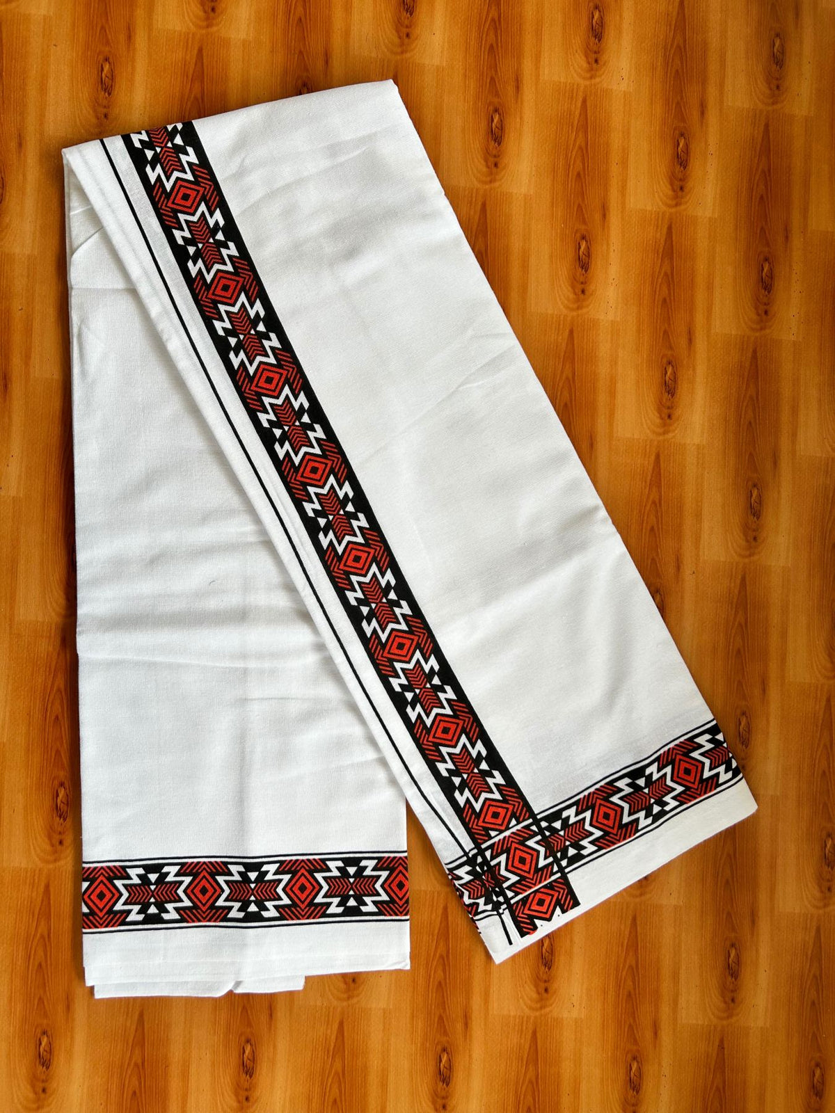 Single White Kerala Mund Polyster Mixed Cotton - (20s) - Kaily / Lungi - 2 inch Brick Red Printed Kara (2 meter / 4 muzham) - 2 KK8070 GAN