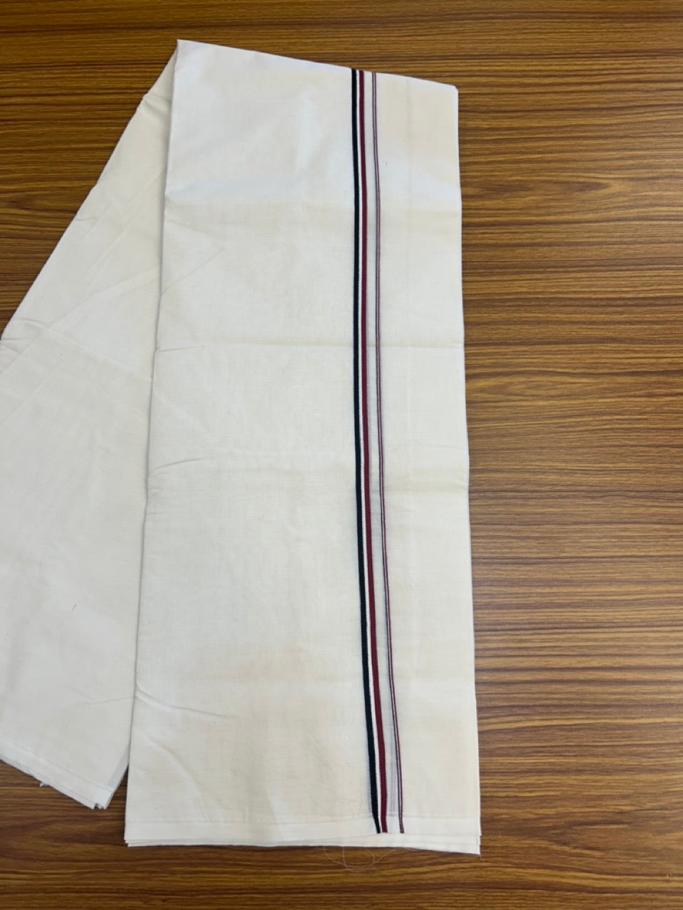 ADMK VESHTI - 20% DISCOUNT! KaithariKada 100% Cotton off white Double - (Unbleached) Mundu/Dhoti - 100X100 - 1 cm Black White & Maroon kara 4 mtr (8.5 muzham) - 11 KK5293 ASH
