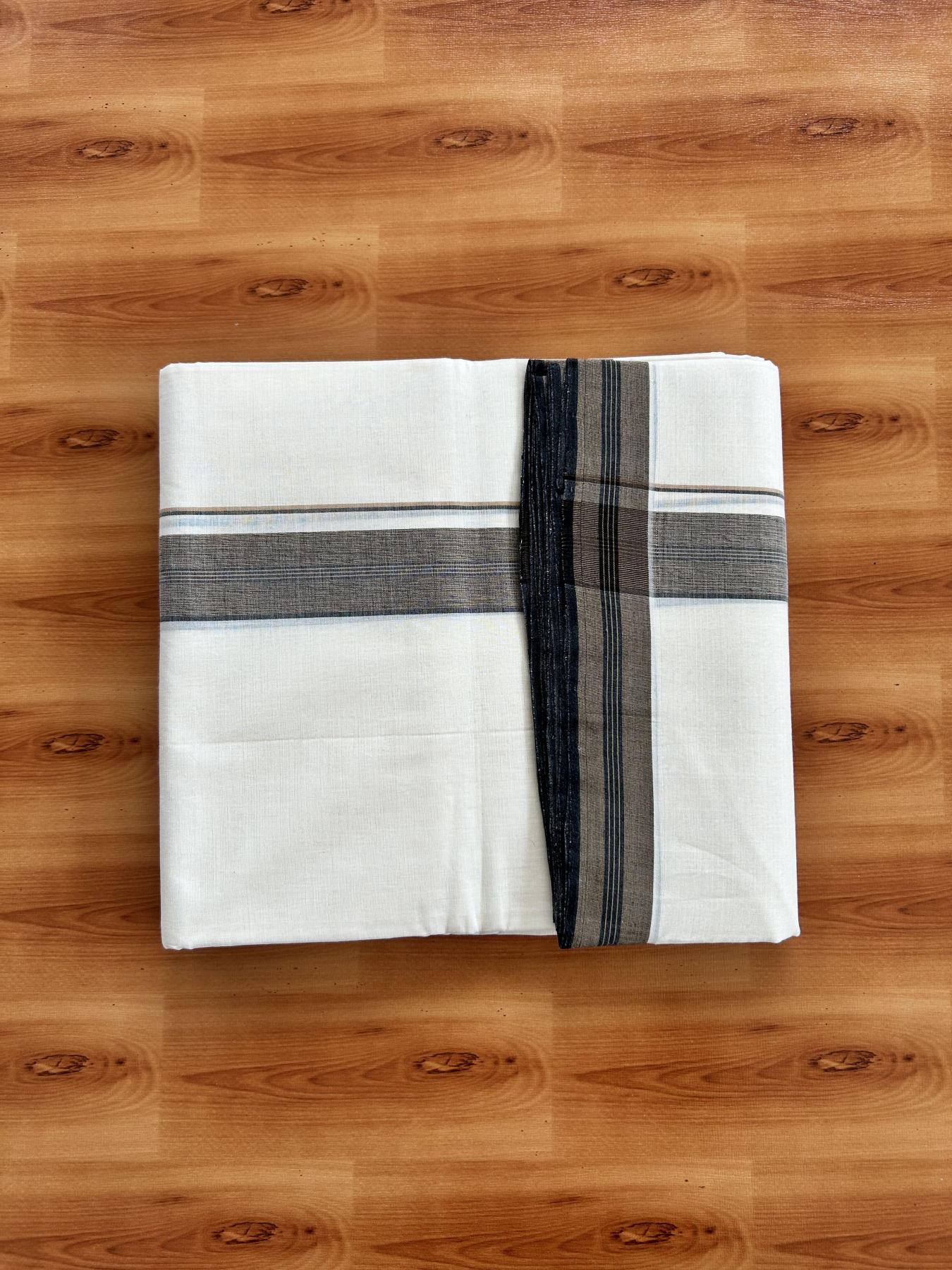 Double Off White (Unbleached) Mundu/Dhoti - 25% Discount!! KaithariKada Handloom Unakkupaav - Kerala Handloom - 100% Pure Cotton - 100x80 - 1.25 inch Camel Brown & Black Shaded Striped Kara 4 meter (8.5 muzham) - 21 KK5436 REA