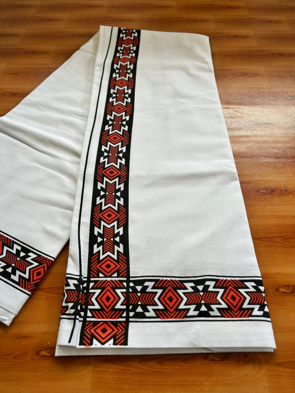 Single White Kerala Mund Polyster Mixed Cotton - (20s) - Kaily / Lungi - 2 inch Brick Red Printed Kara (2 meter / 4 muzham) - 2 KK8070 GAN