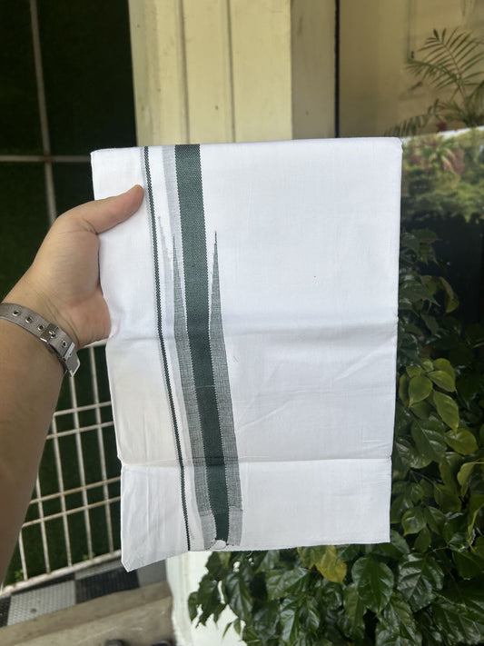 20% Discount ! Kaitharikada Balaramapuram 100% Cotton Pure White Double Mundu/Dothi - 100x80 - 0.5 inch Puliyilakkara Green Striped Jacquard Chutty Kara 3.80 mtr (8 muzham) - 4 KK5334 THI
