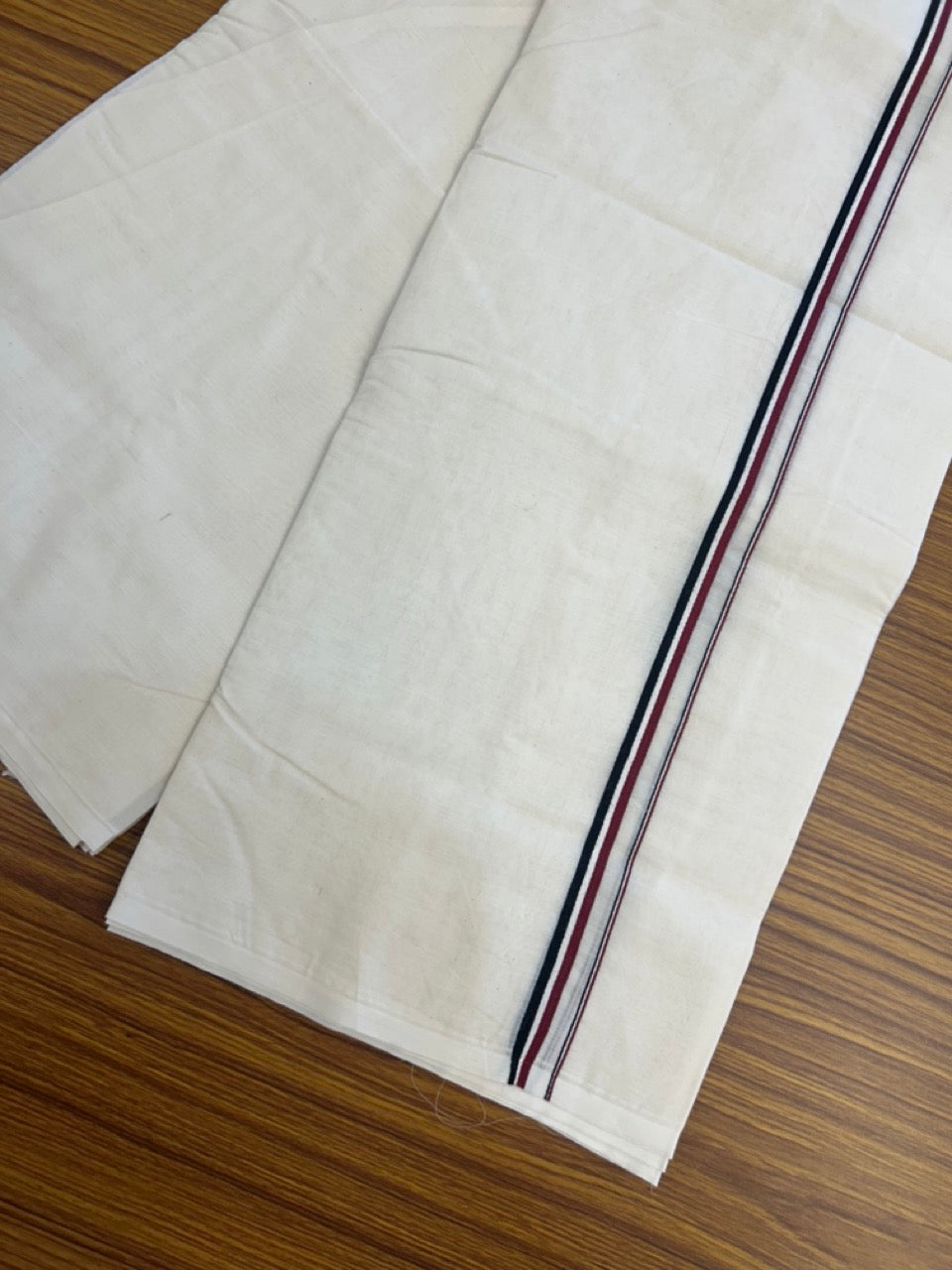 ADMK VESHTI - 20% DISCOUNT! KaithariKada 100% Cotton off white Double - (Unbleached) Mundu/Dhoti - 100X100 - 1 cm Black White & Maroon kara 4 mtr (8.5 muzham) - 11 KK5293 ASH
