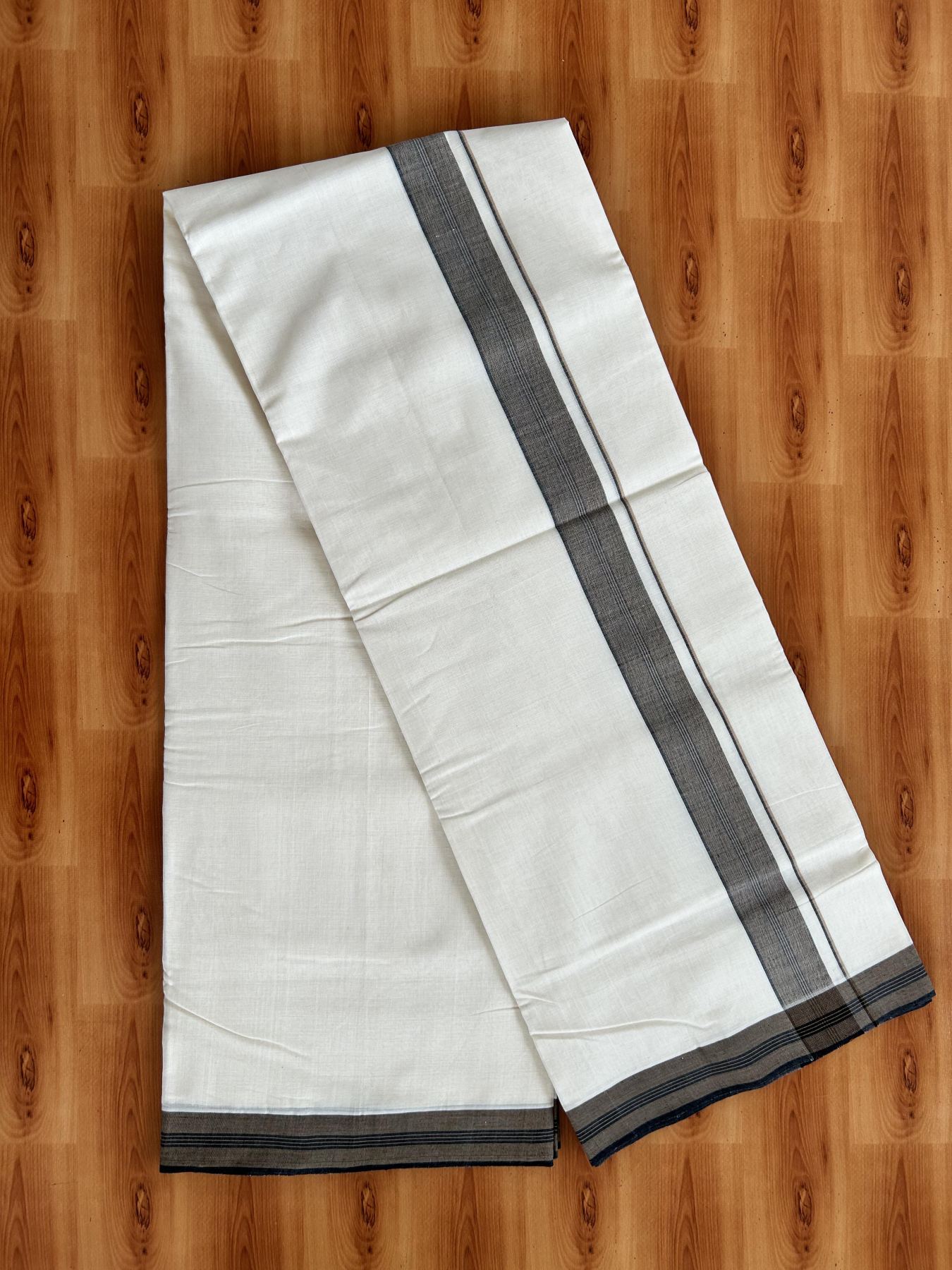 Double Off White (Unbleached) Mundu/Dhoti - 25% Discount!! KaithariKada Handloom Unakkupaav - Kerala Handloom - 100% Pure Cotton - 100x80 - 1.25 inch Camel Brown & Black Shaded Striped Kara 4 meter (8.5 muzham) - 21 KK5436 REA