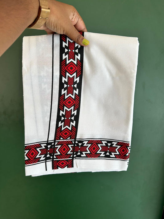 Single White Kerala Mund Polyster Mixed Cotton - (20s) - Kaily / Lungi - 2 inch Red Printed Kara (2 meter / 4 muzham) - 8 KK8070 GAN