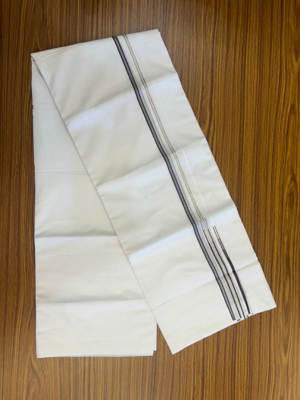 20% Discount! KaithariKada Balaramapuram 100% Cotton Double Pure white Mundu/Dhoti- 100x100 - 0.25 inch Silver Brown Striped One Side Double Chutty kara - 3.90mtr ( 8 muzham) - 13 KK5293 CKS