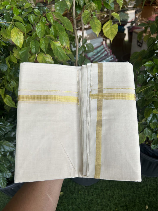 25% Discount!! KaithariKada Handloom Millpaav Balaramapuram - 100% Pure Cotton Off White Double - (Unbleached) Mundu/Dothi - 80x90 - 1.5 cm Gold Kasav Stripes kara 4mtr (8.5 muzham) - 3 KK5332 RAM