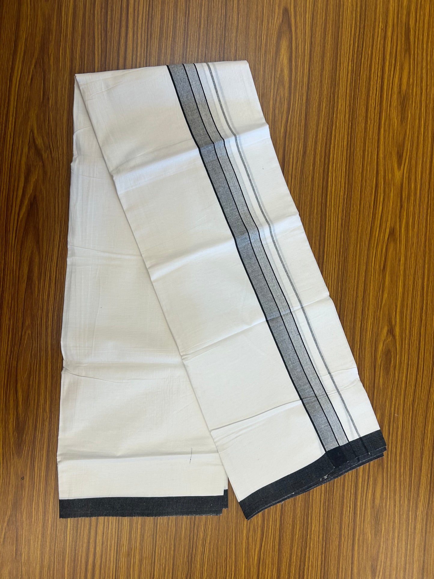 KaithariKada Balaramapuram 100% Cotton Single Pure White Mundu/Dhoti - (40s) - 1.5 inch Black Shaded Stripes kara 2 mtr (4 muzham) - 62 KK5359 THI