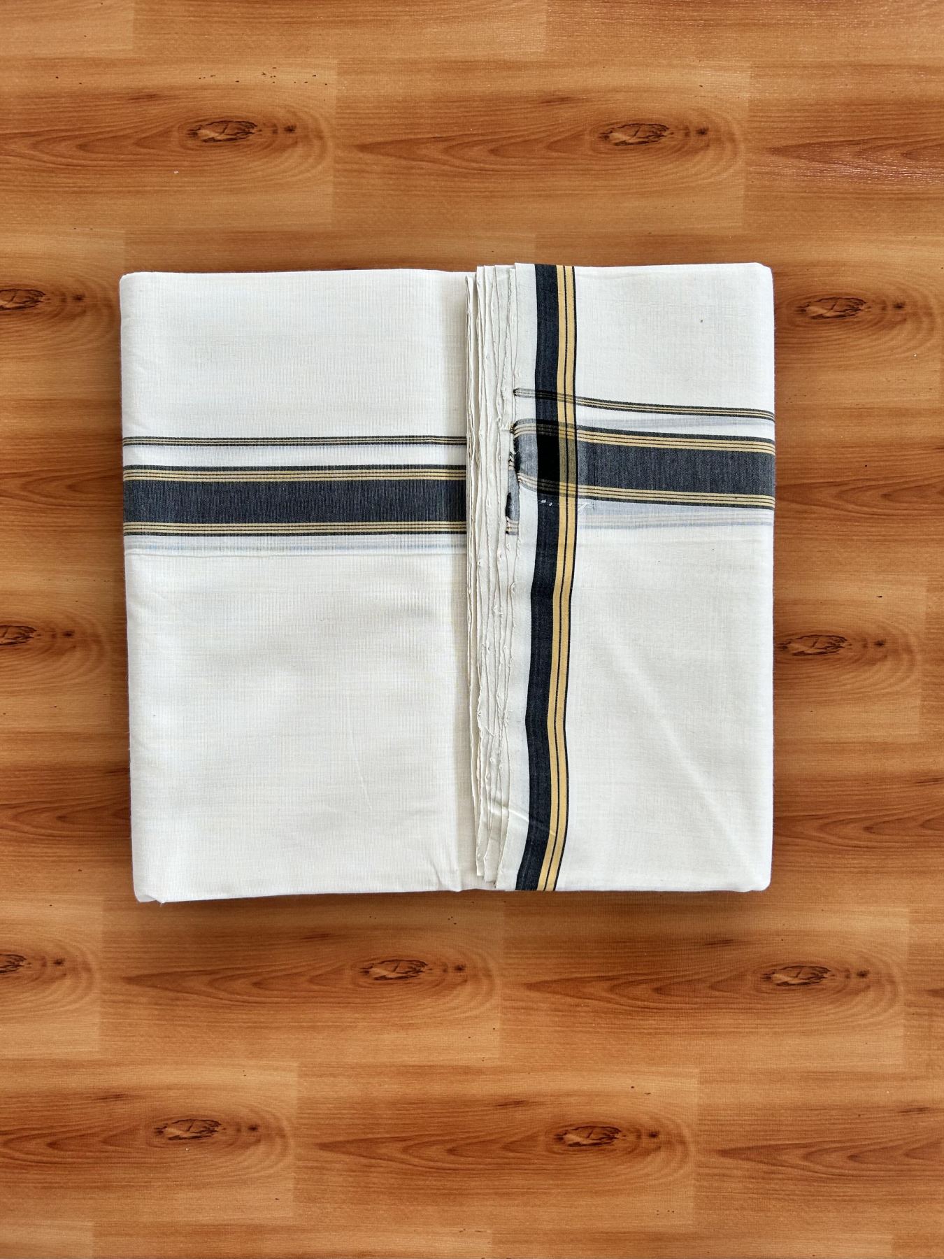 Double Off White (Unbleached) Mundu/Dhoti - 25% Discount!! KaithariKada Handloom Unakkupaav - Kerala Handloom - 100% Pure Cotton - 100x80 - 1 inch Yellow & Black Shaded Striped Kara 4 meter (8.5 muzham) - 22 KK5436 REA