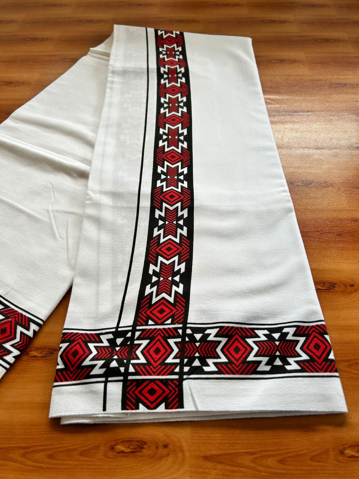 Single White Kerala Mund Polyster Mixed Cotton - (20s) - Kaily / Lungi - 2 inch Red Printed Kara (2 meter / 4 muzham) - 8 KK8070 GAN