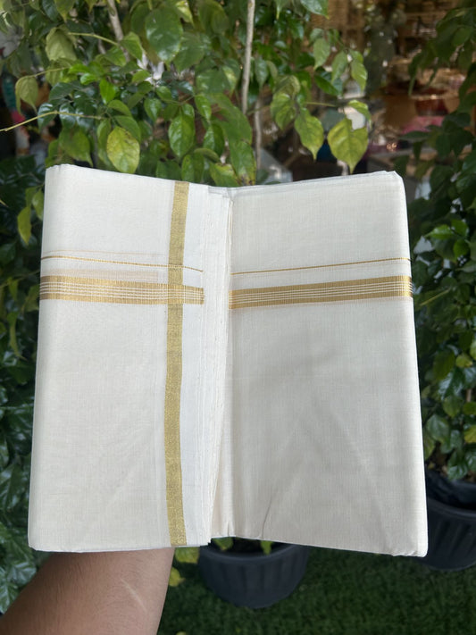 25% Discount!! KaithariKada Handloom Millpaav Balaramapuram - 100% Pure Cotton Off White Double - (Unbleached) Mundu/Dothi - 80x90 - 1.5 cm Gold Kasav Stripes kara 4mtr (8.5 muzham) - 2 KK5332 RAM