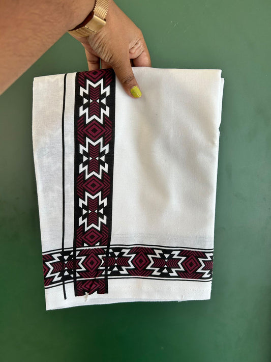 Single White Kerala Mund Polyster Mixed Cotton - (20s) - Kaily / Lungi - 2 inch Wine Printed Kara (2 meter / 4 muzham) - 9 KK8070 GAN