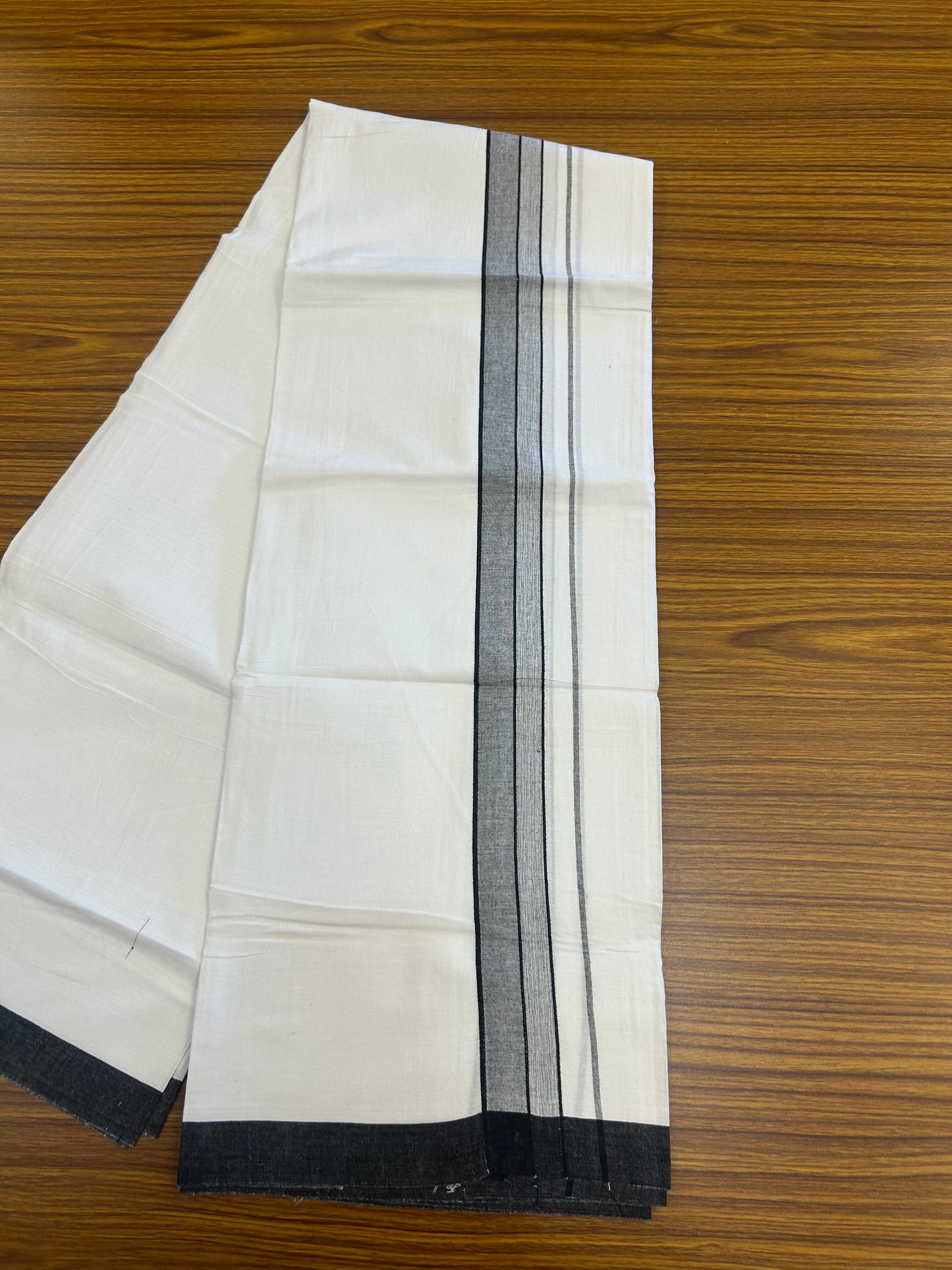 KaithariKada Balaramapuram 100% Cotton Single Pure White Mundu/Dhoti - (40s) - 1.5 inch Black Shaded Stripes kara 2 mtr (4 muzham) - 62 KK5359 THI