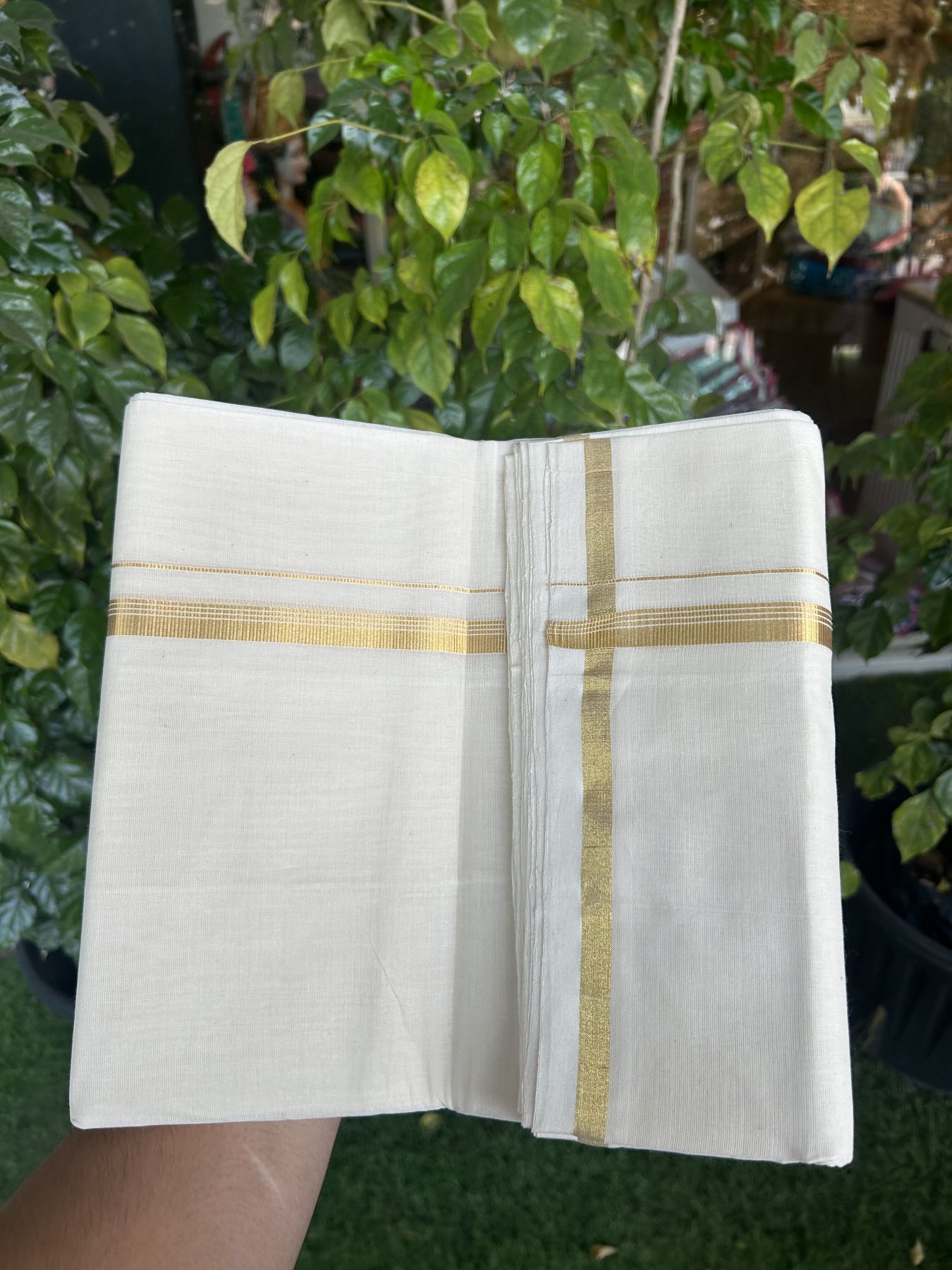 25% Discount!! KaithariKada Handloom Millpaav - Kerala Handloom - 100% Pure Cotton Off White Double - (Unbleached) Mundu/Dothi - 80x90 - 0.5 Inch Gold Kasav Stripes kara 4mtr (8.5 muzham) - 1 KK5332 RAM