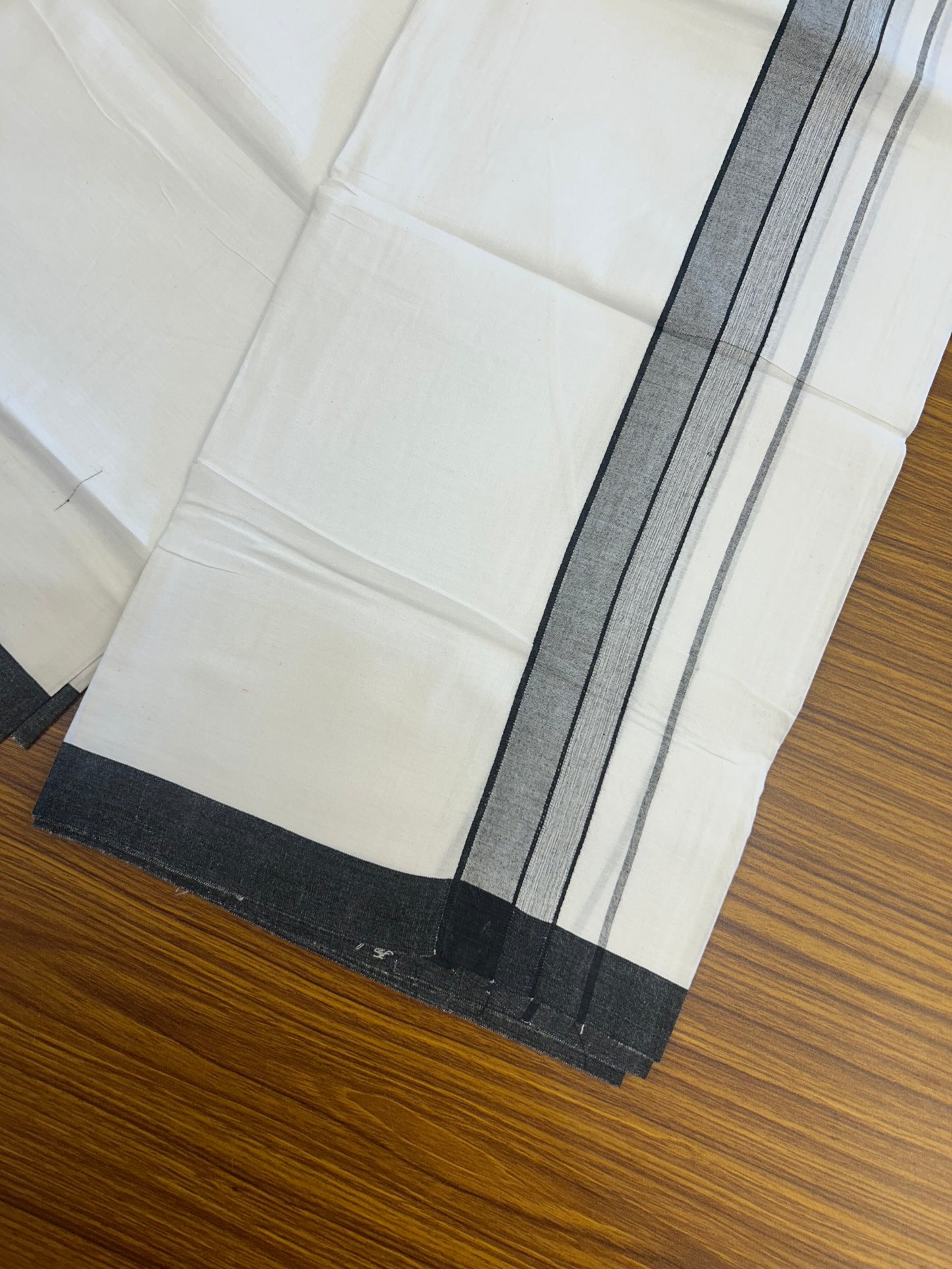 KaithariKada Balaramapuram 100% Cotton Single Pure White Mundu/Dhoti - (40s) - 1.5 inch Black Shaded Stripes kara 2 mtr (4 muzham) - 62 KK5359 THI